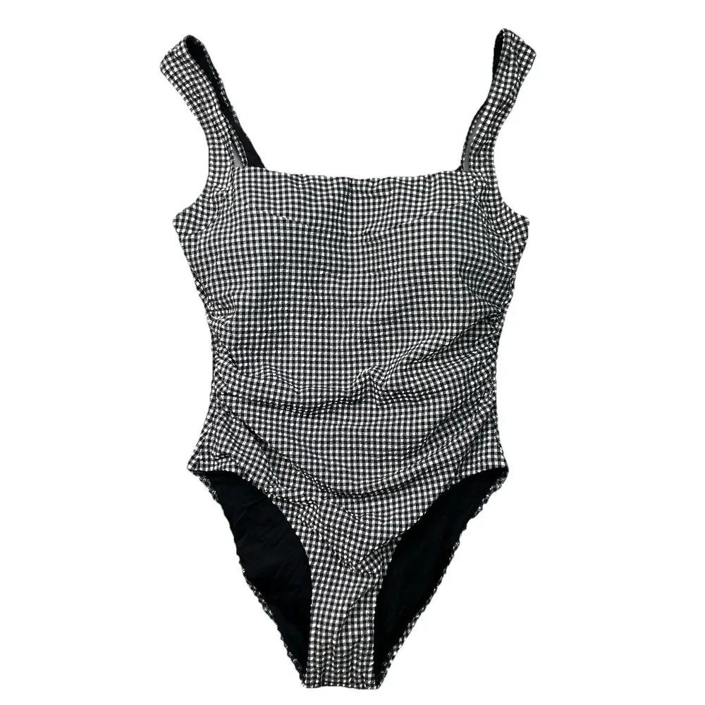 J Crew Nia Gingham Ruched Squareneck One-Piece Swimsuit Womens 10 Black & White